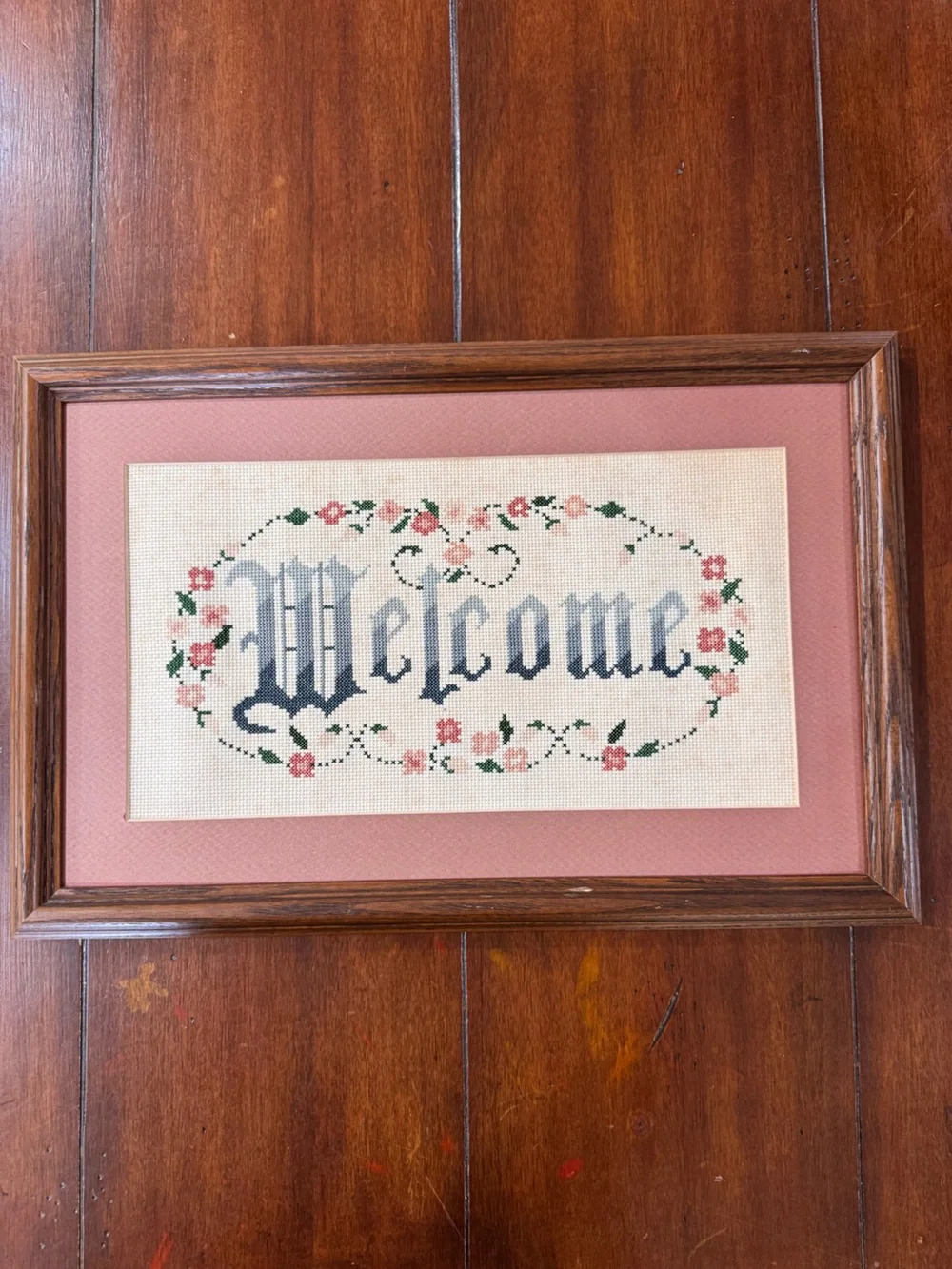 Vintage 1995 Welcome Cross Stitch Framed Floral Cottagecore Wall Art 18x12